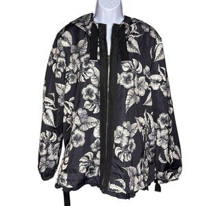 Dennis Basso Jacket Printed Floral Black White Water Resistant Hooded Ruffle Lg